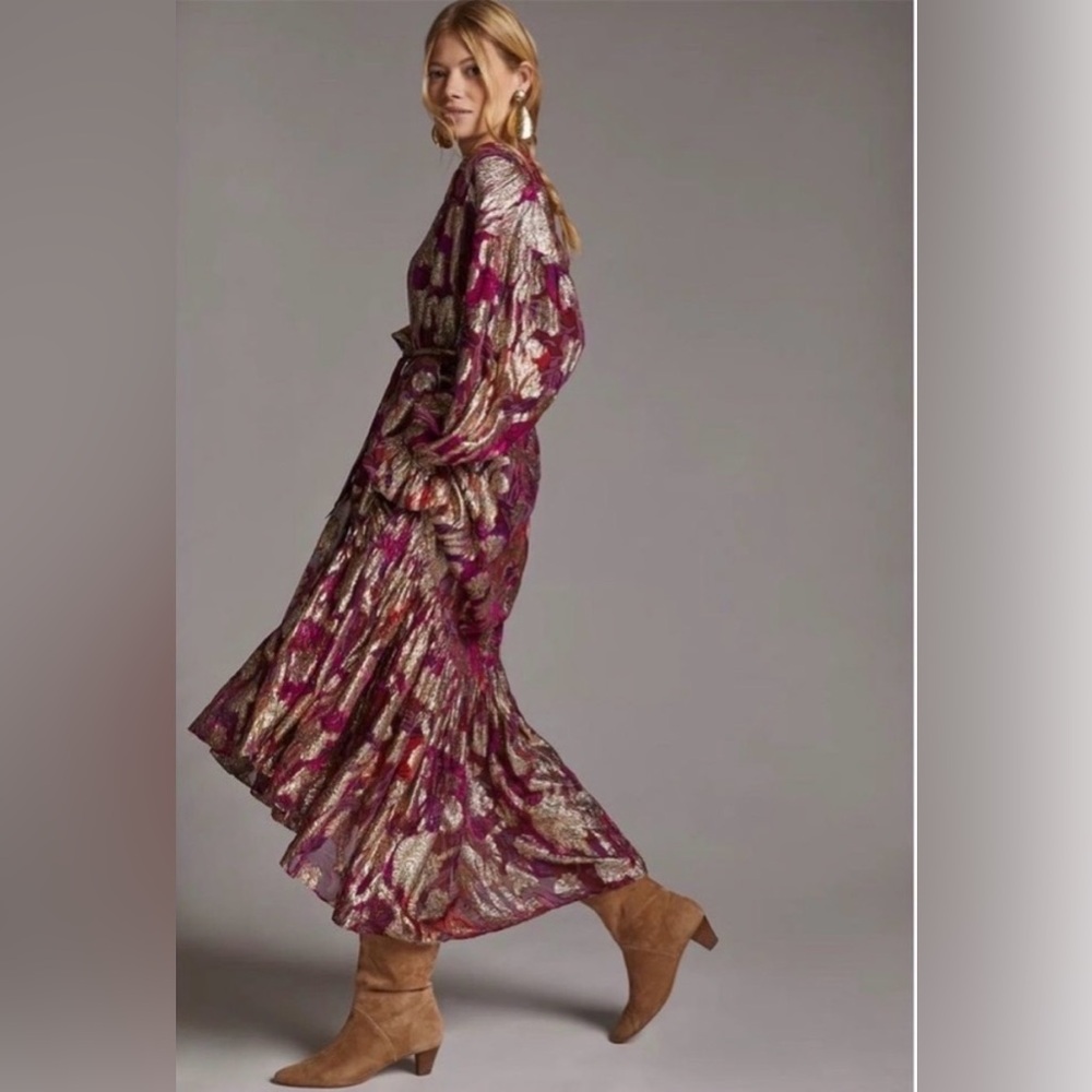 Anthropologie Shimmer Dress Maxi Gold Pink Burgundy NWT